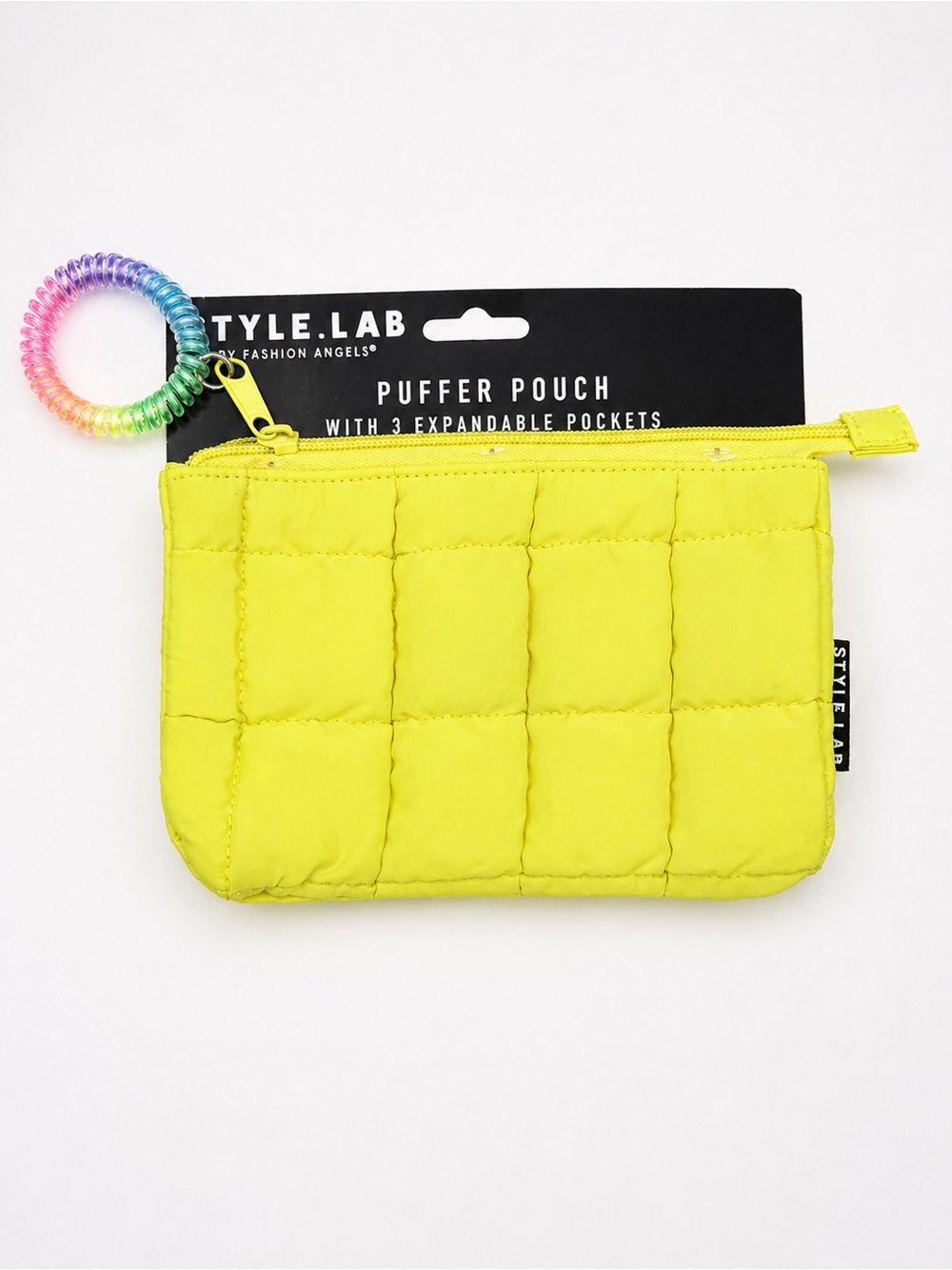 STYLE.LAB Neon Yellow Puffer Pouch w/ 3 Expandable Pockets + Wrist Charm NWT